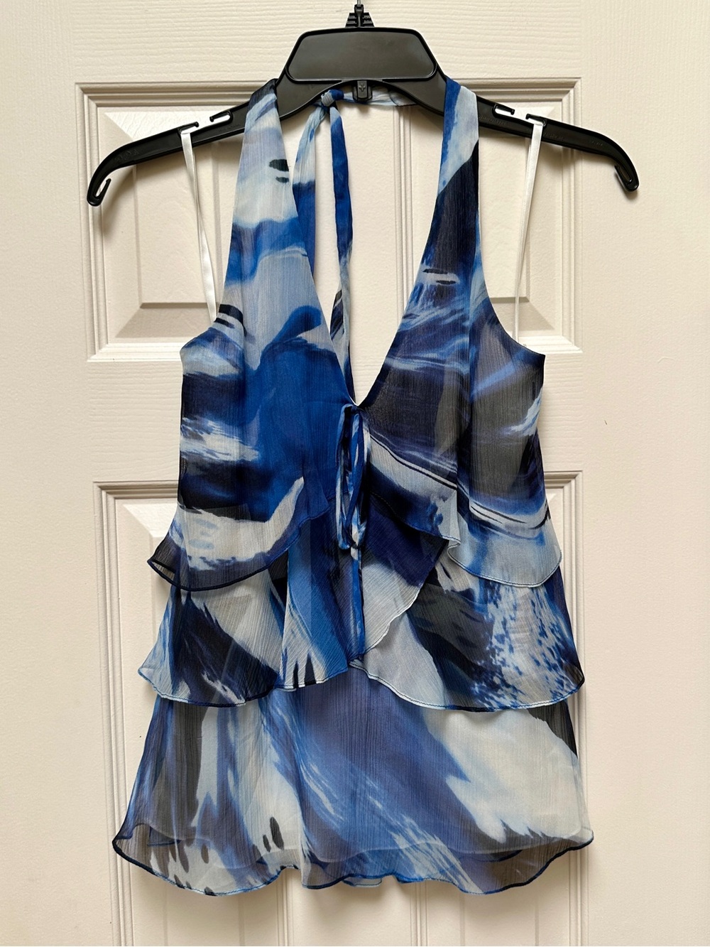 BCBGMaxAzria Blue & White Ruffle Halter  Top